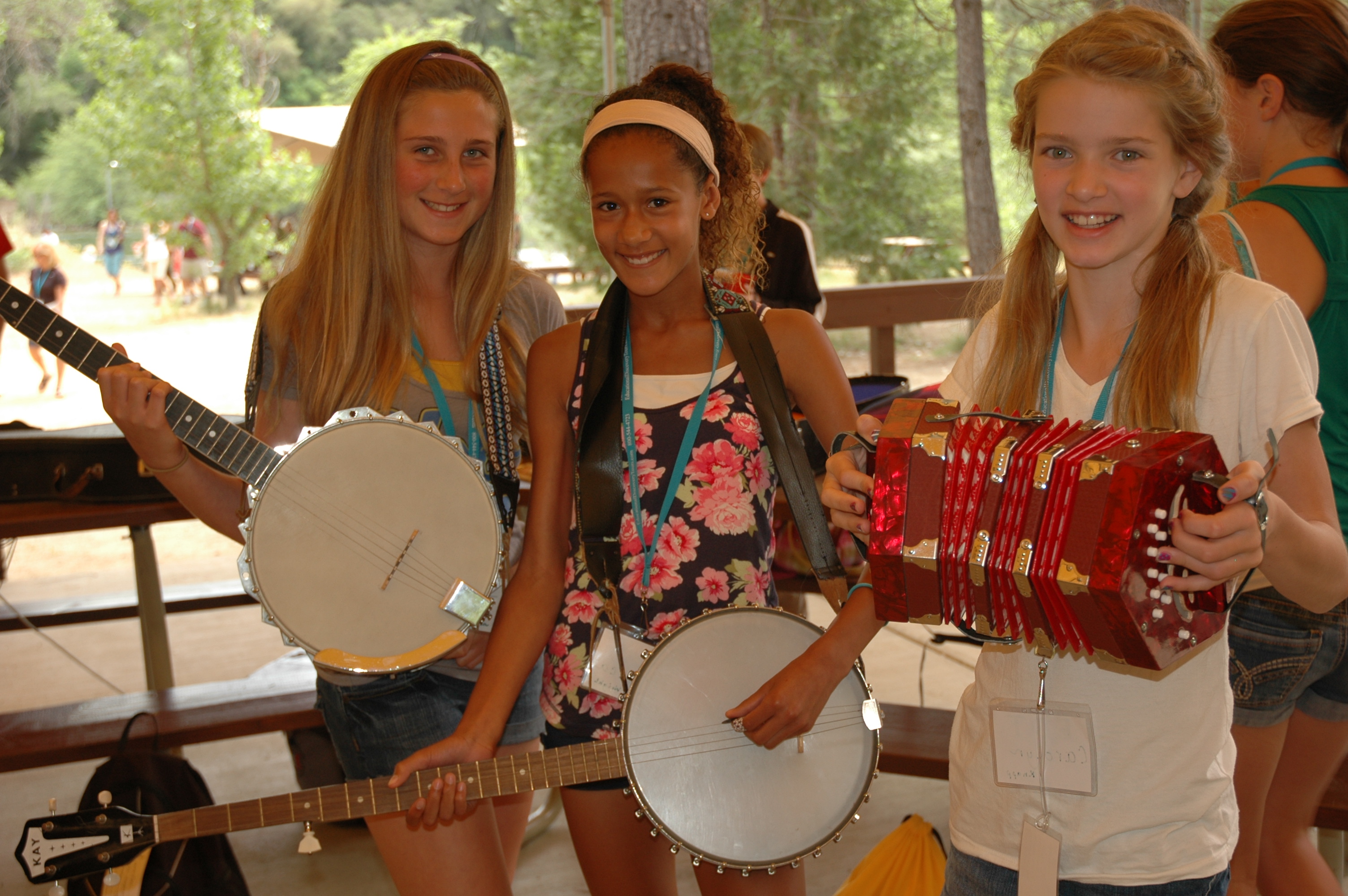 students playing instruments at a gold rush camp during a field trip